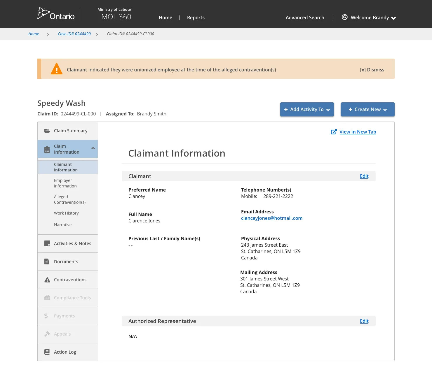 Claimant info