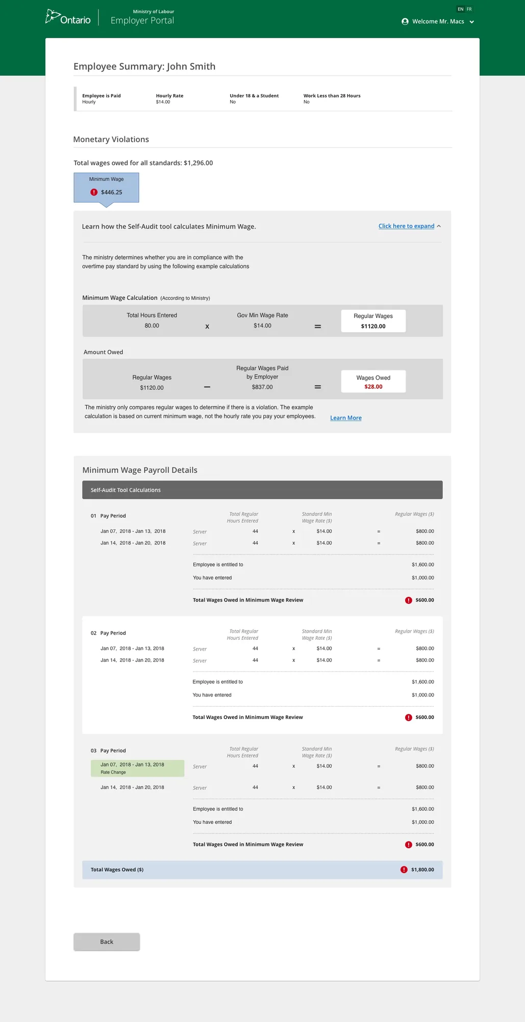 Violations page